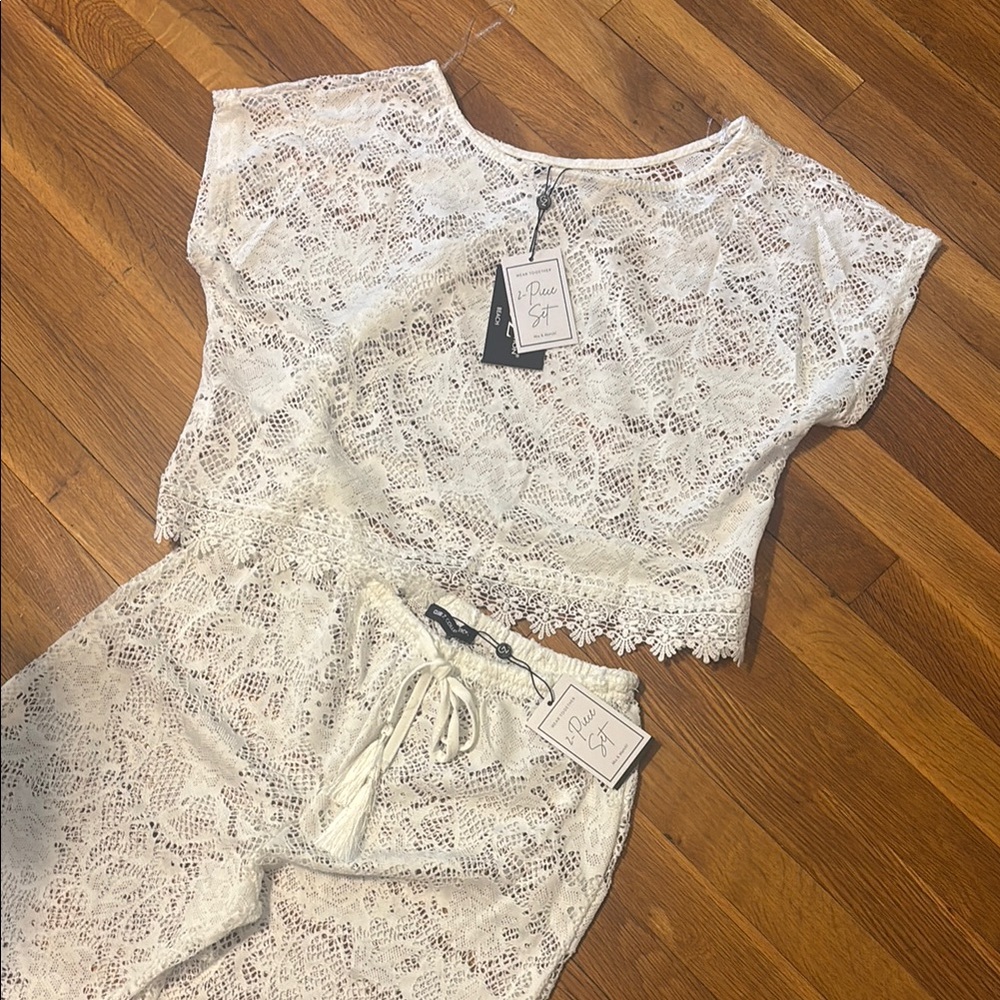 Lace Two-Piece Swim Coverup Set in White